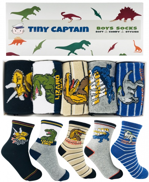 Dinosaur Boys Socks For Ages 4-7 Gift Set Grey and Black 5 Pack