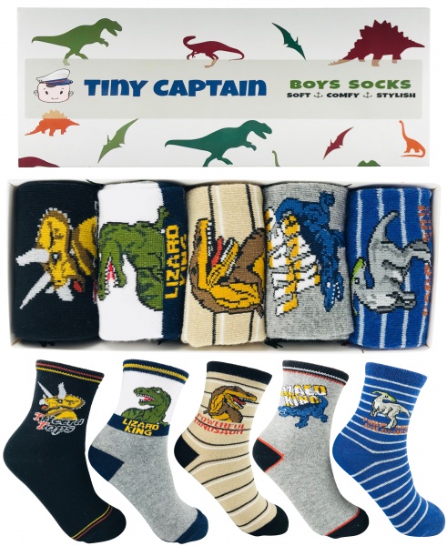 Tiny Captain Boys 7-10 Year Old Dinosaur Socks 5 Pack - Product Details