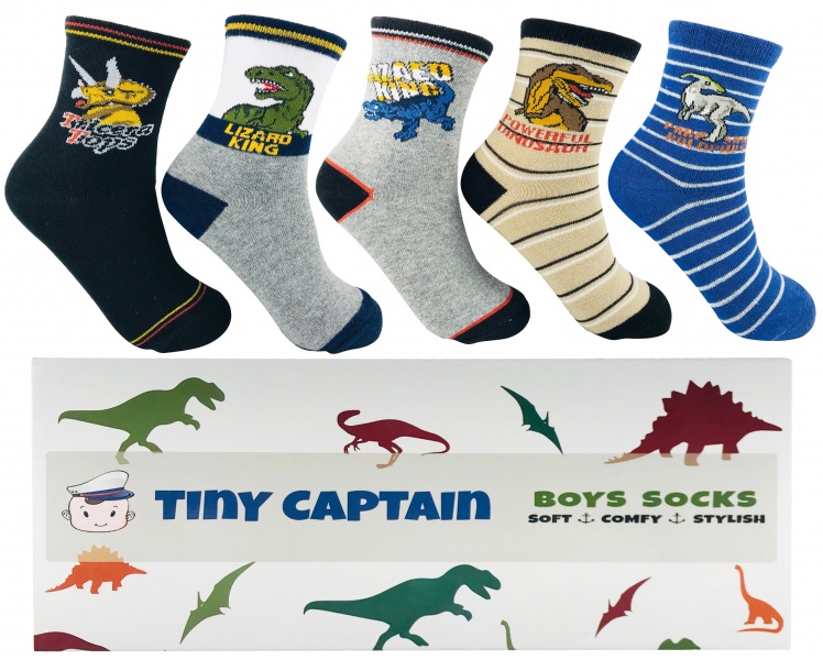 Tiny Captain Boy Socks Dinosaur Kids 4-7 Year Old & 7-10 Years Cotton Crew Gift Dino and Cars Socks